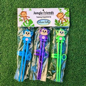 3 pairs Jungle Friends Blue/Purple/Green Monkey Kids Training Chopsticks NIP